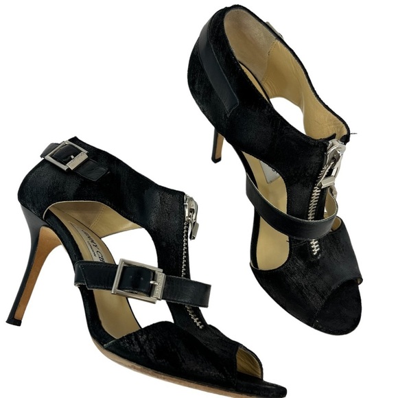 Jimmy Choo Max Was Zipper Sandal Bootie Black Waxed Suede Women's US 6 EU 37 - Picture 1 of 11